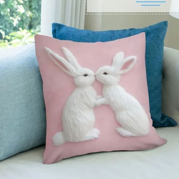 Adorable Pink Pillow with White Bunny Rabbit Design - 18" x 18" - Picture 4 of 5